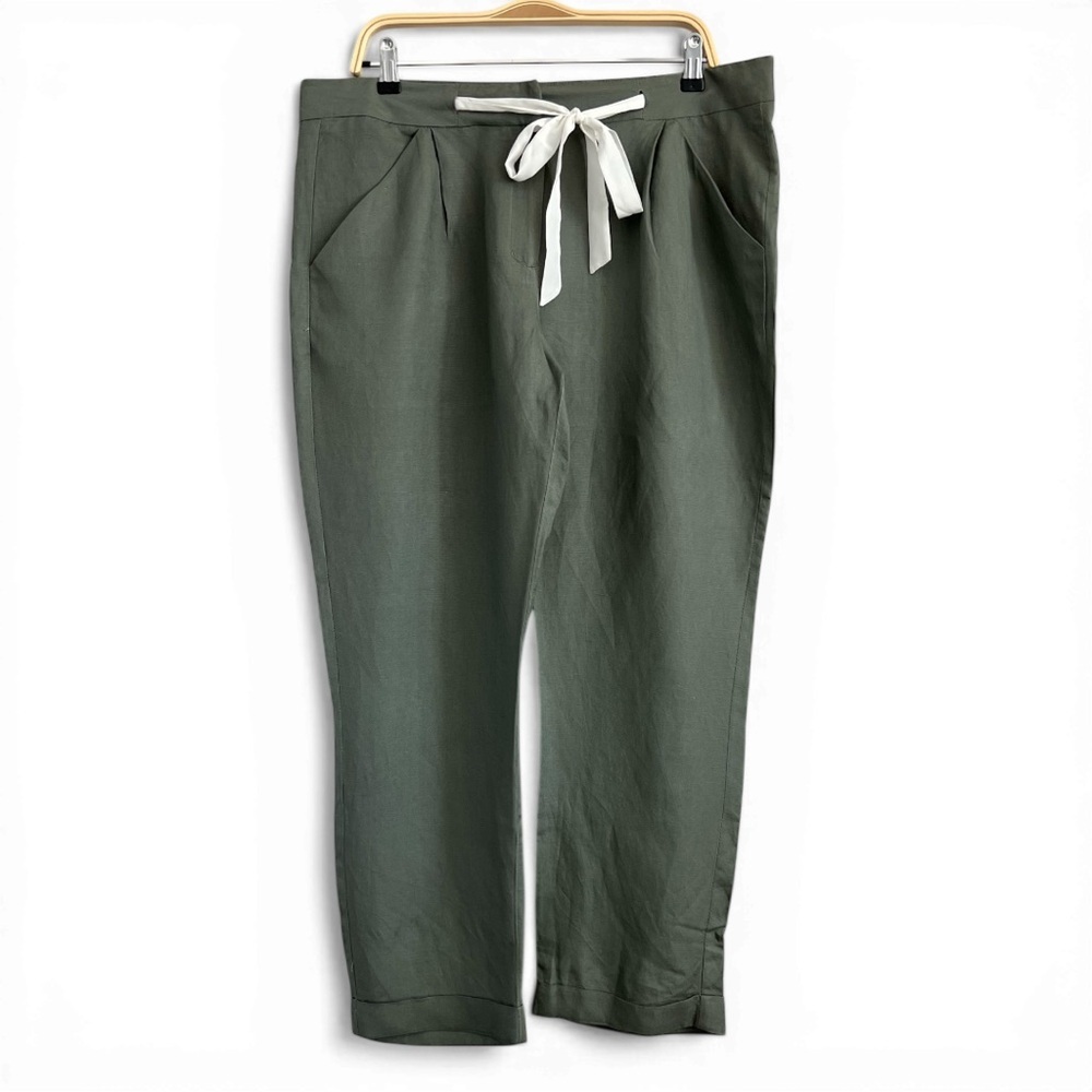 Black Tape Sage Green Linen Blend Capri Pants With Tie Waist